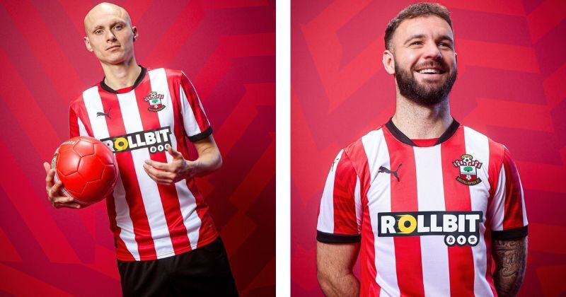 Southampton home kit, featuring red and white stripes with black detailing